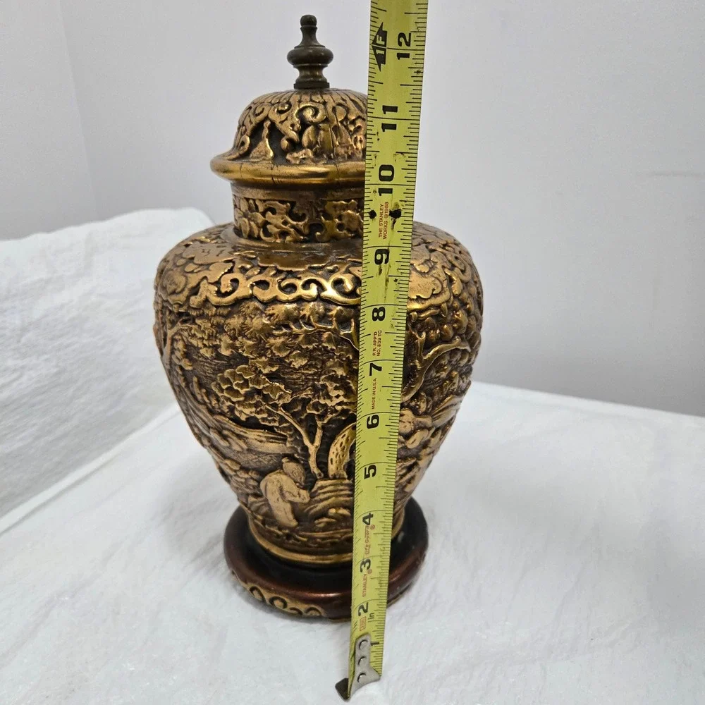 Vintage Chinese Gold Cinnabar Ginger Jar Urn Carved Relief Landscape 11.5in